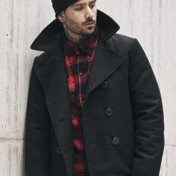 BRANDIT PEA COAT | Men's Double Breasted Wool Blend Jacket, Black Clothing