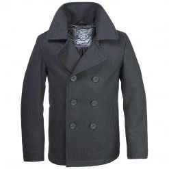 BRANDIT PEA COAT | Men's Double Breasted Wool Blend Jacket, Black Clothing